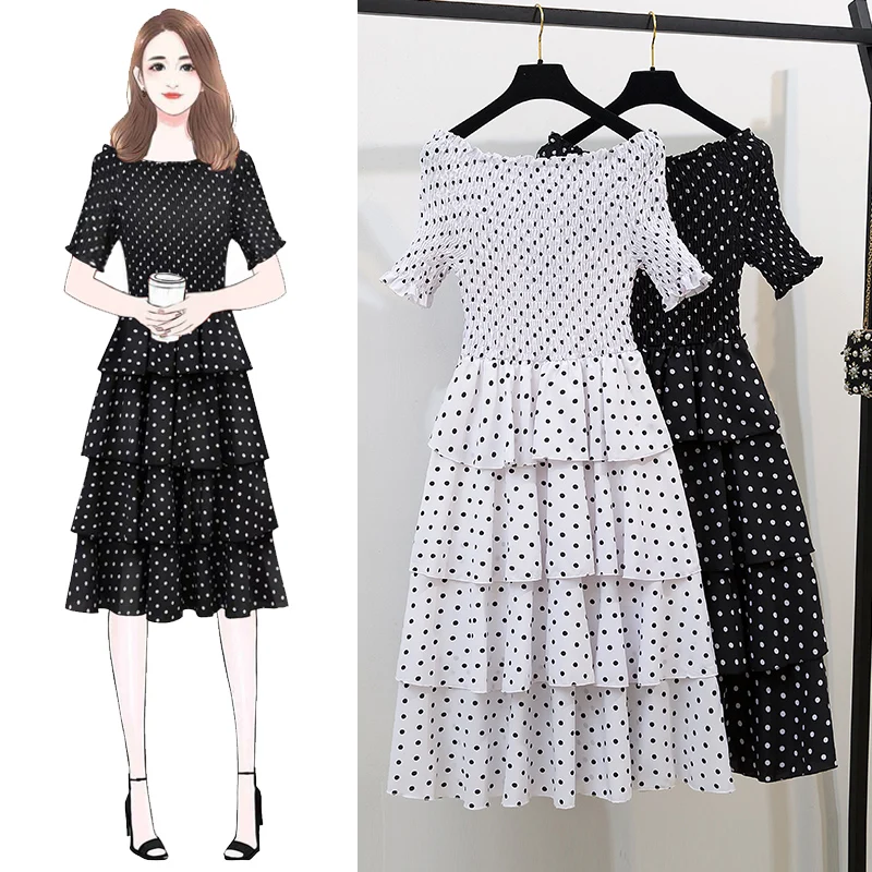 

Women's polka dot short-sleeved one-shoulder chiffon dress 2019 new summer dress retro ruffled polka dot long cake dress