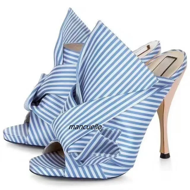 

New Trendy Style White and Blue Butterfly-knot Slippers Fancy Stripes Bowknot Peep Toe Spike Heel Dress Sandals Hot Selling