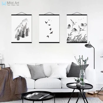 

Black White Chinese Ink Landscape Birds Mountian Wooden Framed Canvas Painting Oriental Home Deco Wall Art Picture Poster Scroll