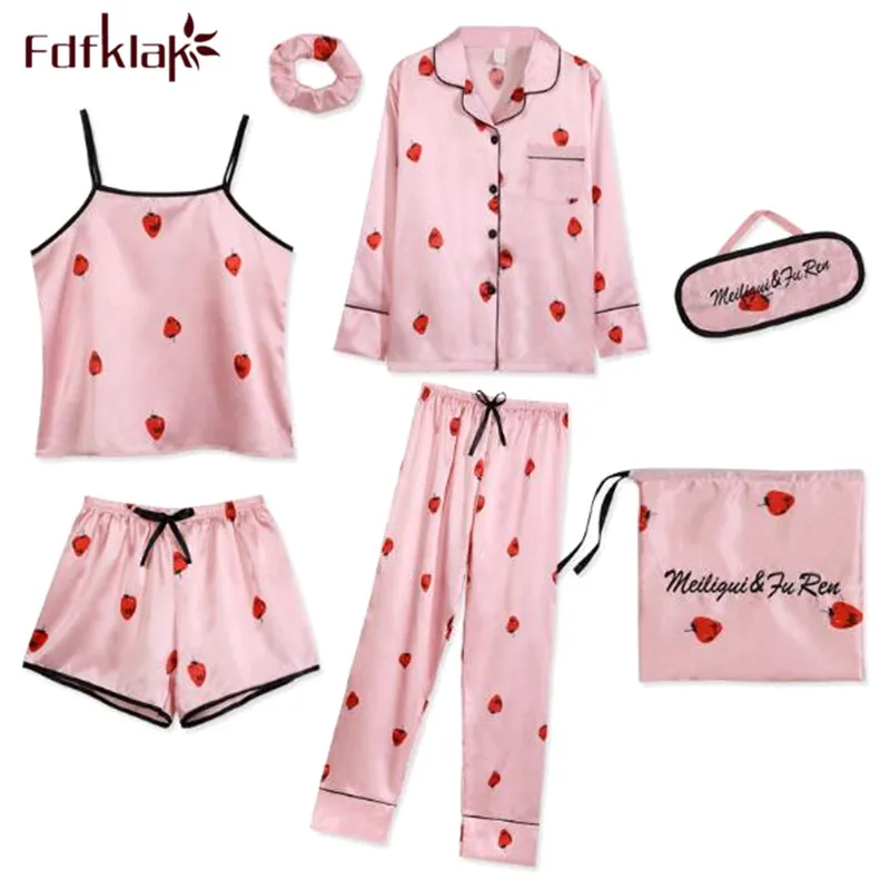 

Fdfklak pyjama femme 7 pieces pajamas women sleepwear set long sleeve silk pyjamas women print spring autumn nightwear pijama