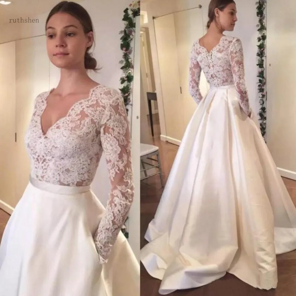 Spring Long Sleeve Wedding Dresses Cheap Deep V Neck Lace Satin Beach Bridal Gowns Vintage Wedding Dress Back Covered Buttons