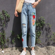 Женские джинсы с вышитым цветком розы, повседневные Прямые джинсы стандартной посадки, Женские винтажные рваные джинсы с кисточками, джинсовые брюки