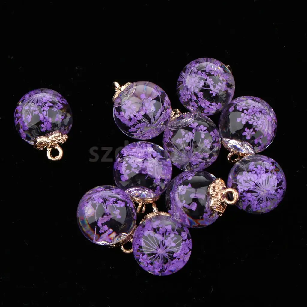 10pcs Dried Flower Glass Ball Pendant with Flower Cap DIY Earring Dangle Craft Findings Loose Beads