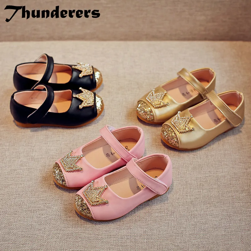 

new Spring Kids princes Shoes For Girls Children Girl Wedding Shoe Gold Black Crown Sequins Baby Waterproof Footwear