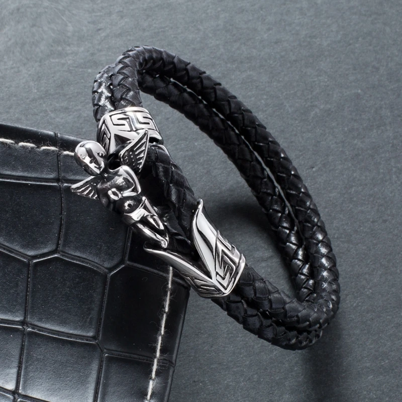 

Men Jewelry Punk Black Double Layer Braided Leather Bracelet for Men Stainless Steel Angel Punk Rock Male Jewelry RPD753