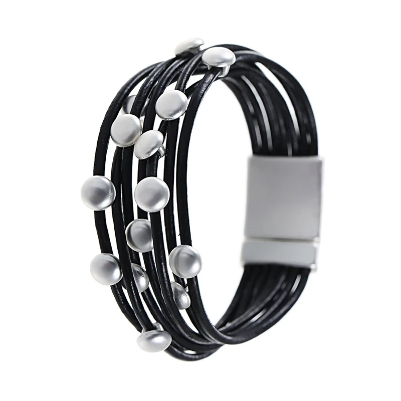 

Multi-layer Black Wrap Genuine Leather Bracelet for Women Fashion Hand Jewelry Accessory Layered Chain Magnetic Buckle Bracelets