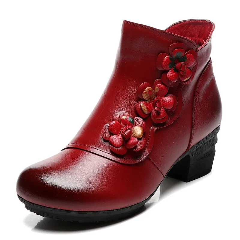 RUSHIMAN 2021 Autumn Winter new style leather boots women's boots round head mother's cotton shoes Martin RED boots size 35-41