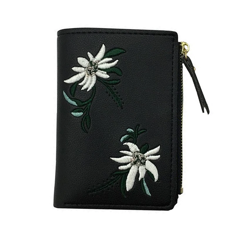 Wallets Women Embroidery Flower Zipper Short Wallet Soild Color Coin