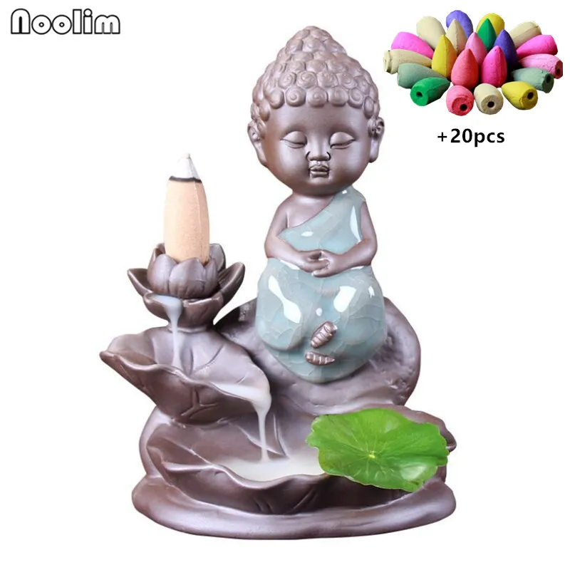 

Ceramic Little Monk Lotus Backflow Incense Burner Buddha Statue Incense Holder Aromatherapy Furnace Home Decor + 20pcs Cones