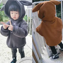 Коллекция года, зимние толстовки для девочек, хлопок, повседневные, с заячьими ушками, с капюшоном, плотная, плотная, Детская толстовка, обычная, с длинными рукавами