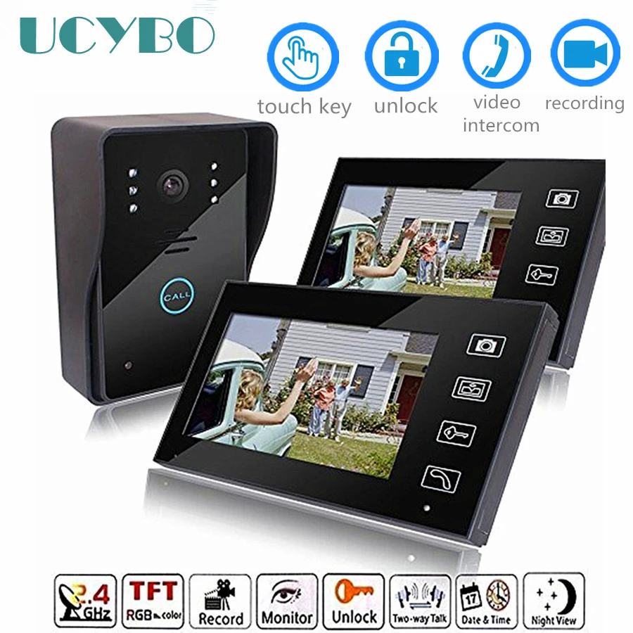 7" video door phone intercom system wireless wifi video doorbell 2 monitor door camera infared ir home apartment video doorphone indoor monitor