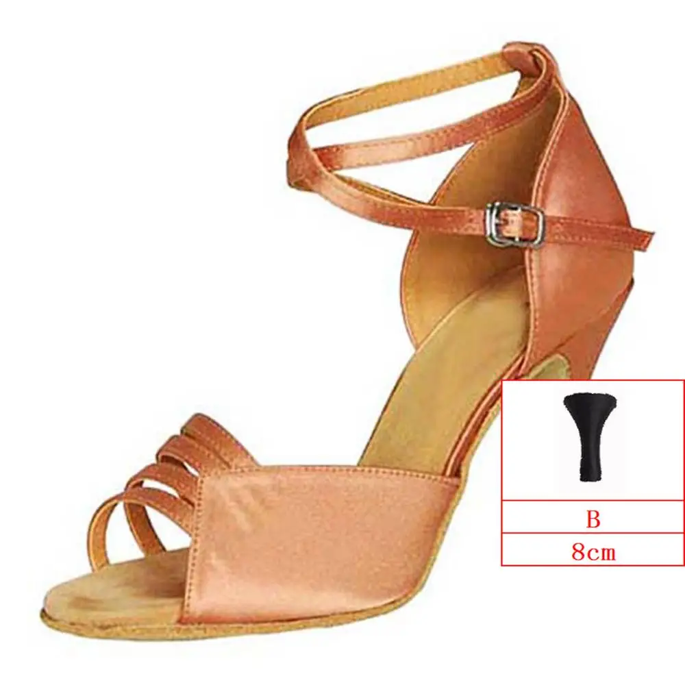 Туфли для латинских танцев; цвет красный, коричневый, хаки, серый; атласный материал для женщин; Танцевальная обувь для сальсы; высота каблука 4,5-8,5 см; JYG912 - Цвет: Brown-B