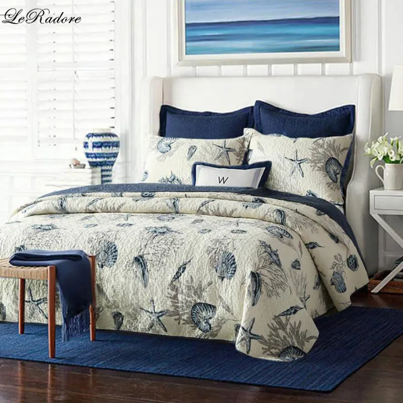 

LeRadore Fashion Quilted Pure Cotton Bedspread Set Sea Shell Printed Quilt Coverlet Pillowcases Bed Linen 3pcs for Adults Youth