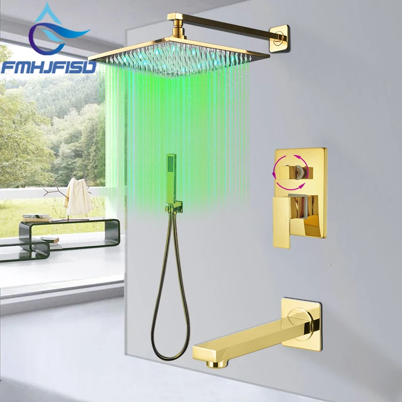 

Concealed Golden Bath Shower Faucet Wall Mounted LED Bath Shower Faucets Gold Rainfall Shower Head Tub Spout Hand Shower Sets