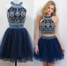 Echt Fotos Marineblau Sexy Zweiteiler Prom Kleider Neckholder Kurze Kristall Perlen Cocktail Party Homecoming Kleid