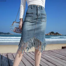 Женский сексуальный карман с бахромой джинсовая юбка летняя новая женская Повседневная Уличная Высокая талия облегающие джинсы Юбки L3610