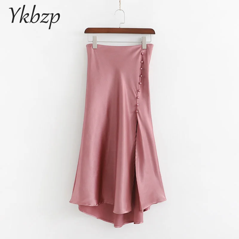 

2019 Sexy Split Women's Skirt Solid Button Asymmetry Elegant Party Skirt Silk satin Texture Spring Summer Midi Skirts Jupe Femme