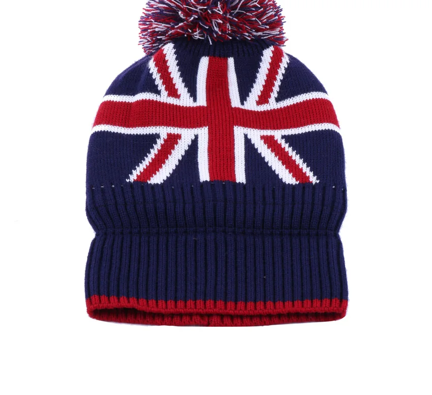 Зимняя Шапка-бини, теплая вязаная крючком плюшевая мешковатая шерстяная вязаная шапка с помпоном Skullies Ball в полоску с британским флагом, громоздкая бархатная Лыжная шапка