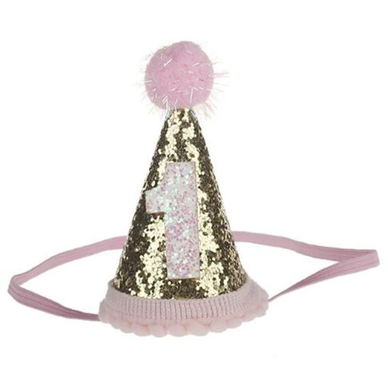 Cute Shiny 1/2/3 Boys Girls Birthday Hats With Hairball Caps Baby Shower Birthday Party Cake Caps Party Photo Props - Цвет: Pink 1