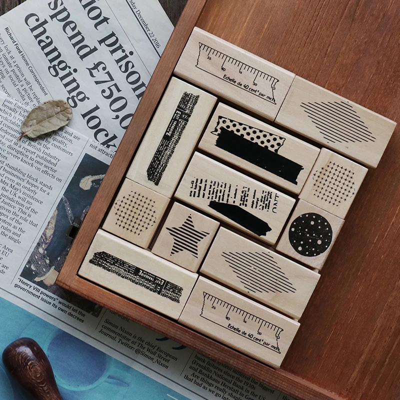 

Hot Selling Hand Account Based Wooden Seal Retro Geometry Star Collage Album Decoration Rubber Stamps For Card Making Decoration