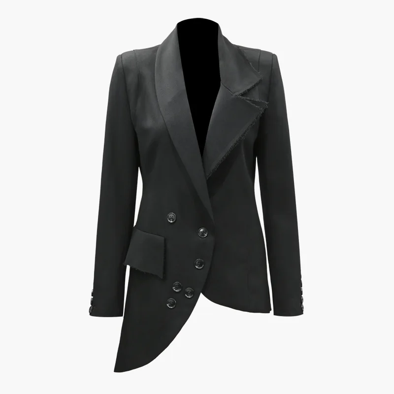 

New Fashion Spring and Autumn Asymmetric Bottom Skew Button Slim Long Sleeve Suit Jacket Women's Slim Black Blazer Coat