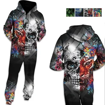 

EU Womens Mens Romper One Piece Long Sleeve Jumpsuits Casual 2019 New Color Lion&Skull Hoodie 3D Graphic Sweatshirts Outfits