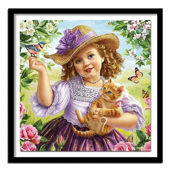 

GOANG Full Rhinestone Painting Crystal Decor 5D DIY Diamond Painting girl holding cat Cross Stitch Pattern Diamond Embroidery