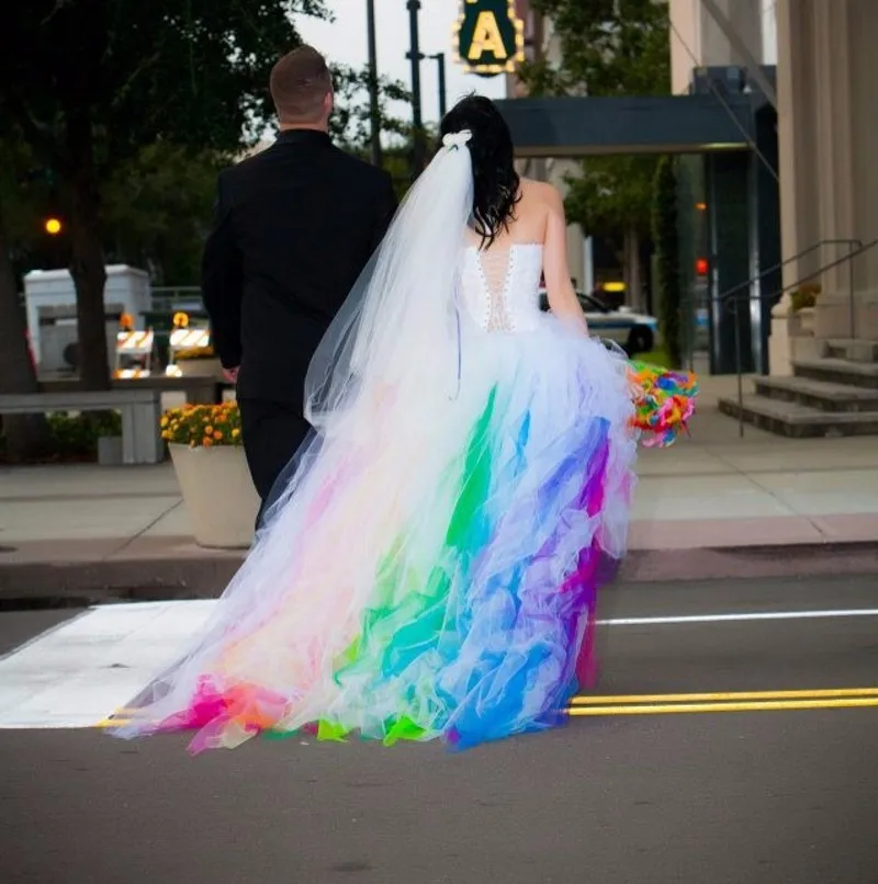 Robe de mariage белое и Радужное свадебное платье из тюля на шнуровке сзади, высокие и низкие свадебные платья, свадебное платье