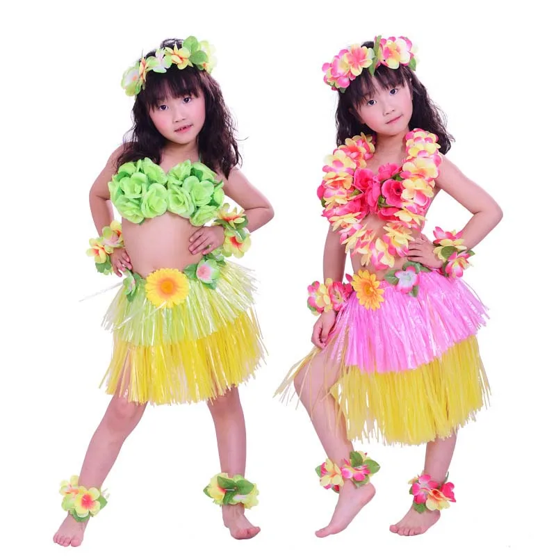 Girls Hawaiian Hula Luau Grass Skirt Floral Waist Band Multi-Colours 40Cm
