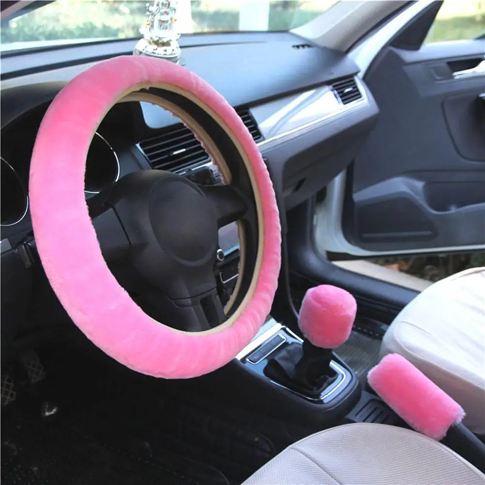 Новинка, 3 шт./набор, зимний чехол рулевого колеса автомобиля из искусственной шерсти для женщин, чехол для сиденья автомобиля, пушистые аксессуары для салона автомобиля, Стайлинг автомобиля - Название цвета: pink