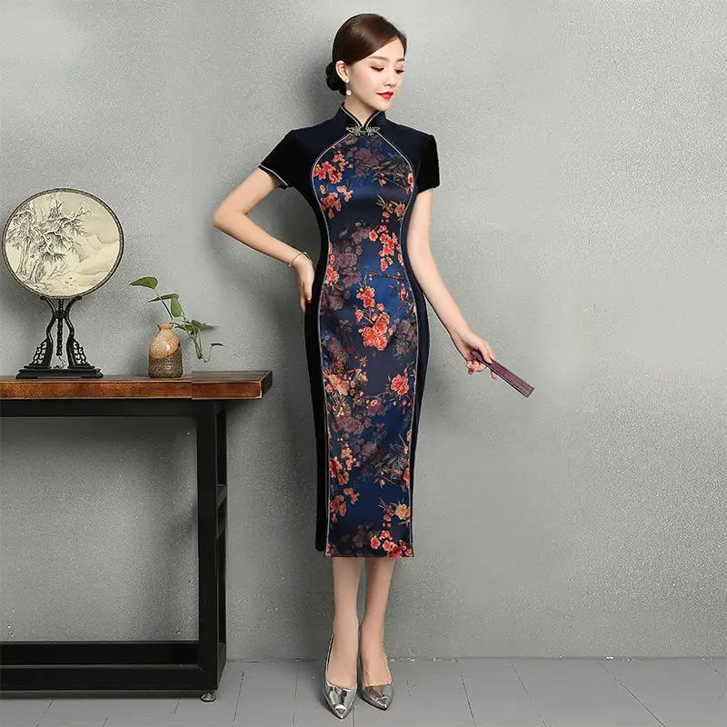 Сексуальное длинное велюровое платье Cheongsam весеннее традиционное платье в китайском стиле женское платье с воротником-стойкой Qipao облегающее вечернее платье Vestido - Цвет: Тёмно-синий