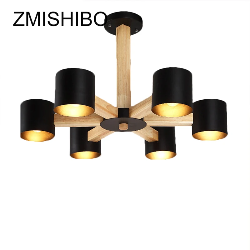 

ZMISHIBO Solid Wood LED Chandelier Lamp Modern Simple Style Luminary Black White 3/6/8 Head E27 Pendant Lamps For Living Room