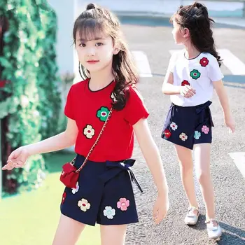

2019 New Summer Kids Girls Cotton Clothing Sets Children Flower T-shirt+Short Pant 2pcs Sets Teen Girl Sport Casual Suit Q938