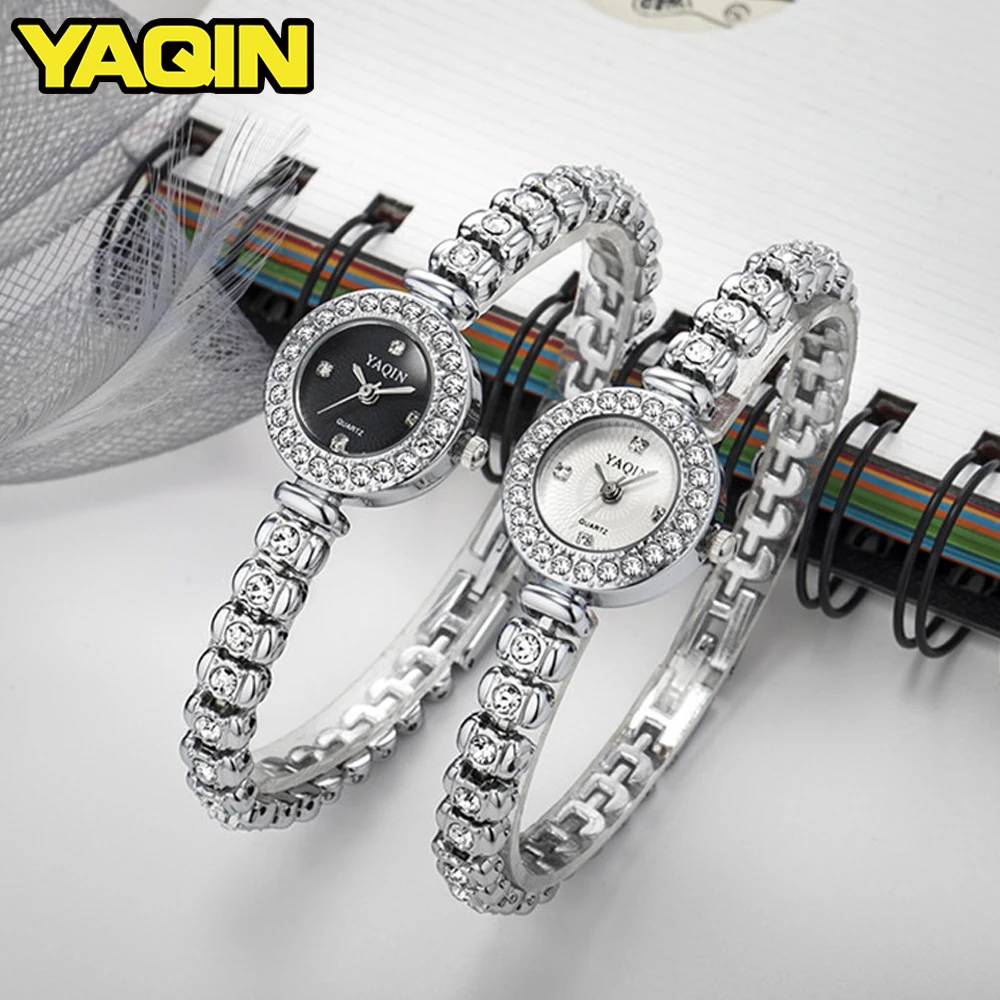 YAQIN Для женщин роскошный горный хрусталь браслет часы Мода Дамы Алмазный кварцевые часы платье Нержавеющая сталь Relogio Feminino