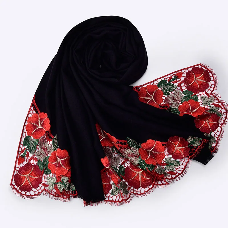 Зимний шерстяной шарф с вышивкой, кашемировые женские теплые шали и палантины для дам, пашмины, шарфы для невесты и подружки невесты из чистой шерсти - Цвет: Black