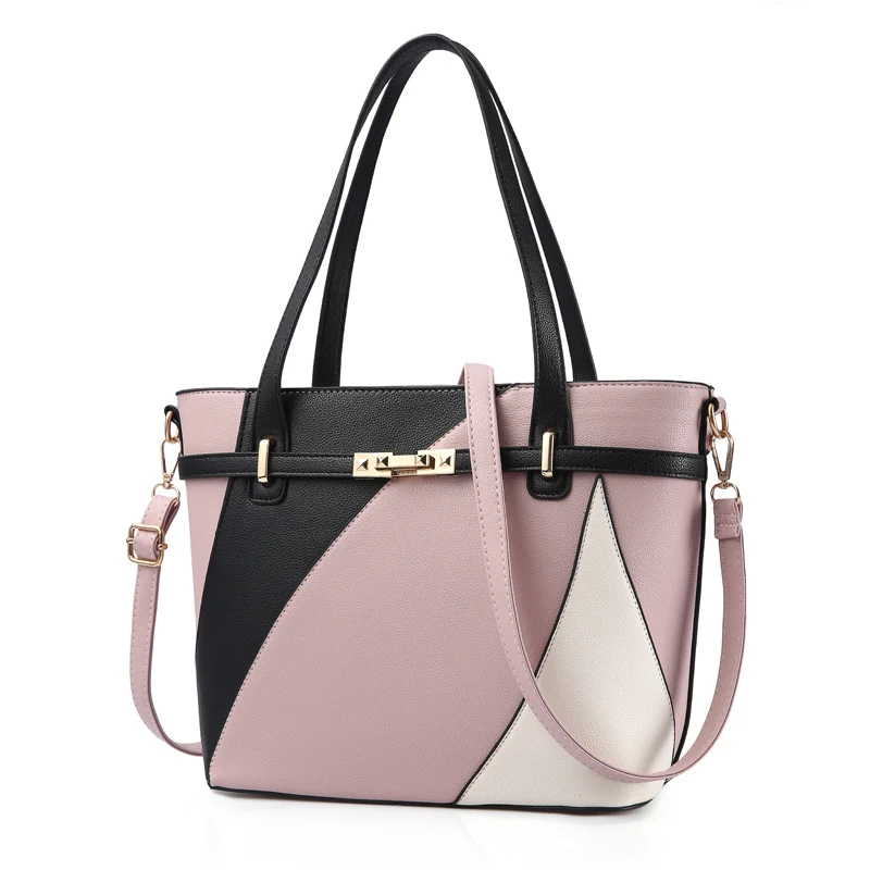 Новые женские кожаные сумки высокого качества, женская сумка через плечо, Женская Повседневная Сумка-тоут, женские Лоскутные ручные сумки - Цвет: Розовый
