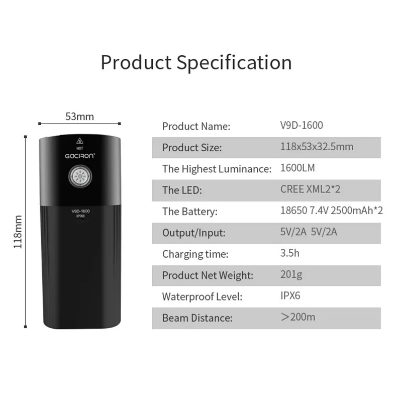 Perfect 1600 Lumens Bicycle Light MTB Front Light Cycling Headlight Power Bank Waterproof USB Rechargeable Bike Light Flashlight GACIRON 3
