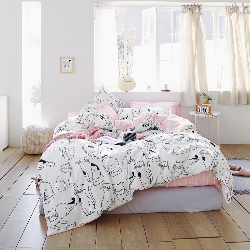 Домашний текстиль Кот Китти девушки розовый постельные принадлежности наборы одно двойное одеяло комплект полосатая плоская простыня ребенок взрослый хлопок постельное белье