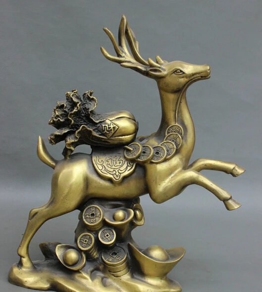 

wholesale factory 11 Folk Chinese Bronze Wealth YuanBao cabbage On Coin Cai Fu Stag Deer Statue 25% off