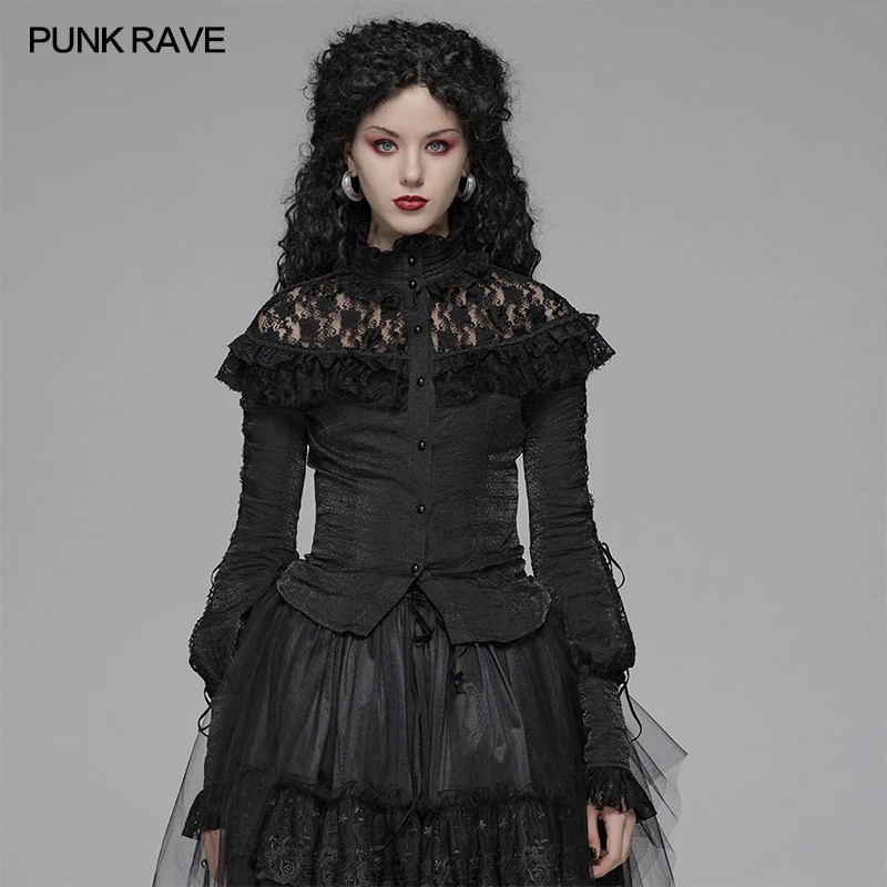 

PUNK RAVE Women Gothic Lolita Shirt Micro-elastic Stitching Translucent Lace Flower Mesh Evening Party Visual Kei Slim Fit Shirt