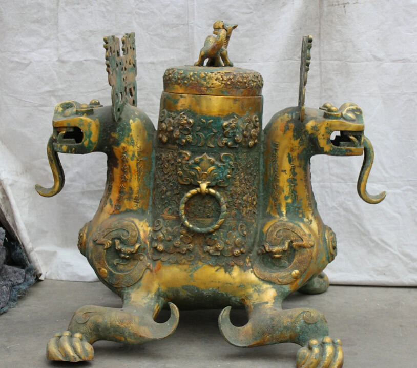 

Collectible bronze S1782 31" Old Chinese classic Dynasty Palace Bronze Two Dragon Beast Head Statue B0403