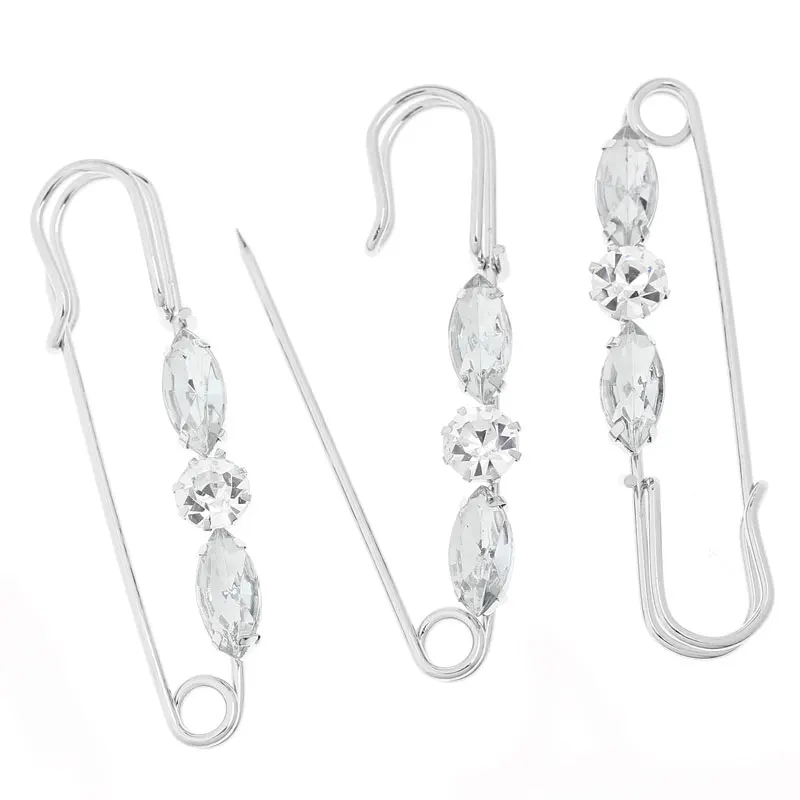 

Fashion 10PCs Silver Tone Vintage Safety Pins Brooches New Style White Rhinestone For Women 65x15mm