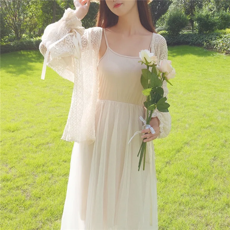 Женское корейское платье принцессы, винтажное милое кружевное Свободное платье, рукав-фонарик, длинный рукав, миди, защита от загара, кардиган, белое пальто
