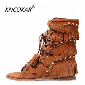 

2017 fashion sandals casual comfortable wedges tassel zipper summer nubuck cowhide rivet cool boots