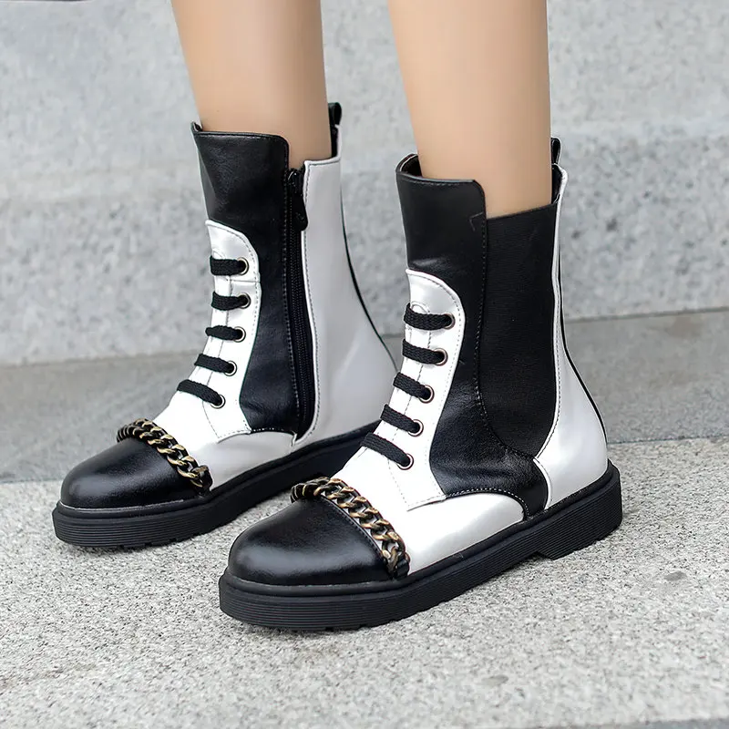 

AIWEIYi Martin Boots for Women White Brown Round toe Motorcycle Boots Autumn Winter Ankle Boots Short Botas Mujer