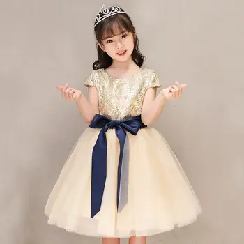 

Kids Girls Elegant Princess Wedding Birthday Party Dress Children Sequins Bowknot Vestidos Teenage Girls Mesh pleated Dress Q154