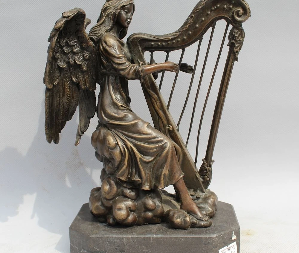 

9"Western Art sculpture Bronze Marble Bell Women Angell Playing Statue