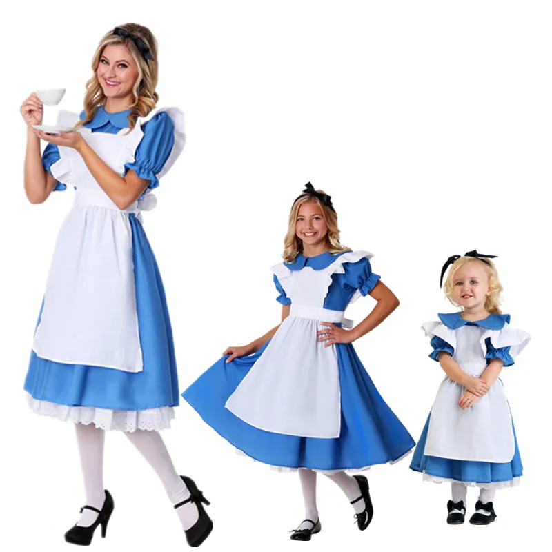 

Halloween Children Girl Anime Alice In Wonderland Blue Party Dress Alice Dream Adult Women Sissy Maid Lolita Cosplay Costume