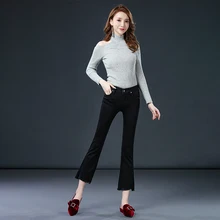 Краткое отношение черный деним узкие джинси Стиль Брюки-клёш шик девять брюки эластичный шлифовальный край Тощий крой черный деним прочный