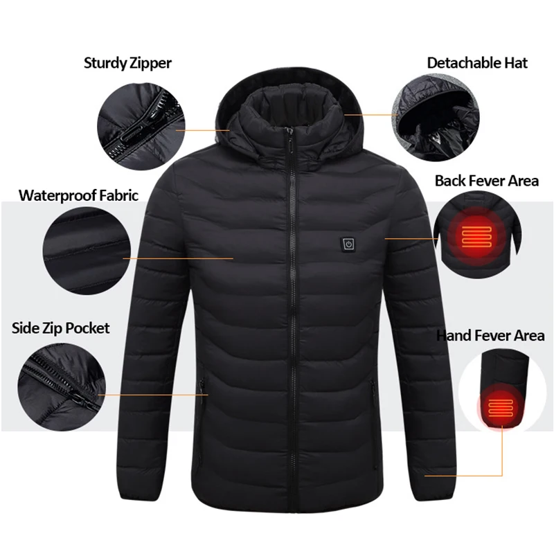 Smart USB Electric Heating Clothes Hooded Warm Thick Puffer Coat Down Cotton Jacket YiYLunneo Winter Mens Heated Jacket